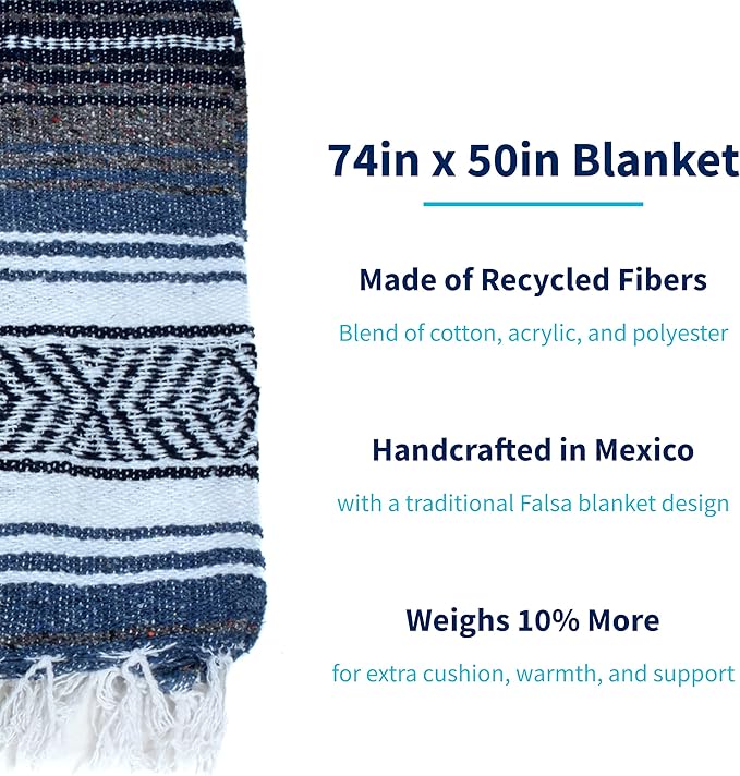 La Montana Mexican Blankets and Throws 4 Pack 74x50 - Made in Mexico Lightweight Yoga Blanket for Schools Studios Outdoors Camping Picnic Decor - Machine Washable Slate Blue/Charcoal/White