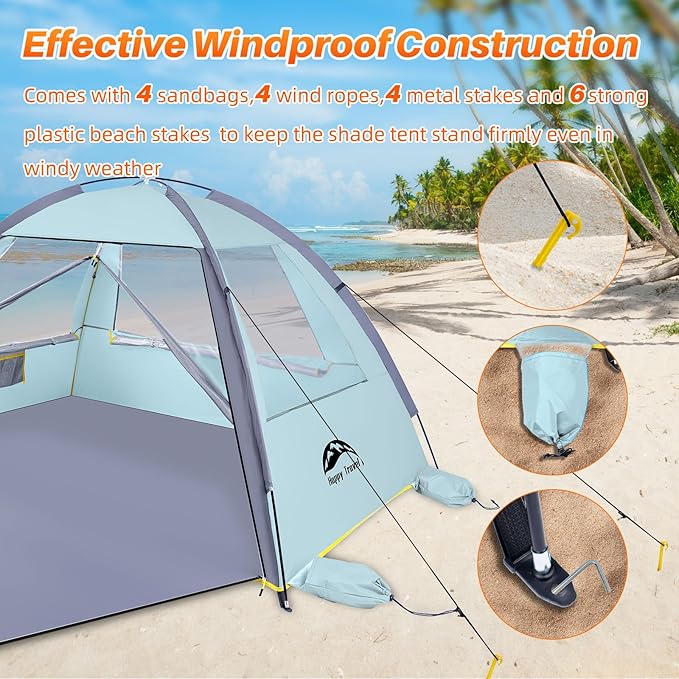 Happy Travel Beach Tent UPF 50+ UV Protection Sun Shade Shelter for 3/4/5/6/7/8 Person Portable Beach Canopy for Family &amp Baby Lightweight &amp Easy Setup Beach Cabana with 3 Ventilation Mesh