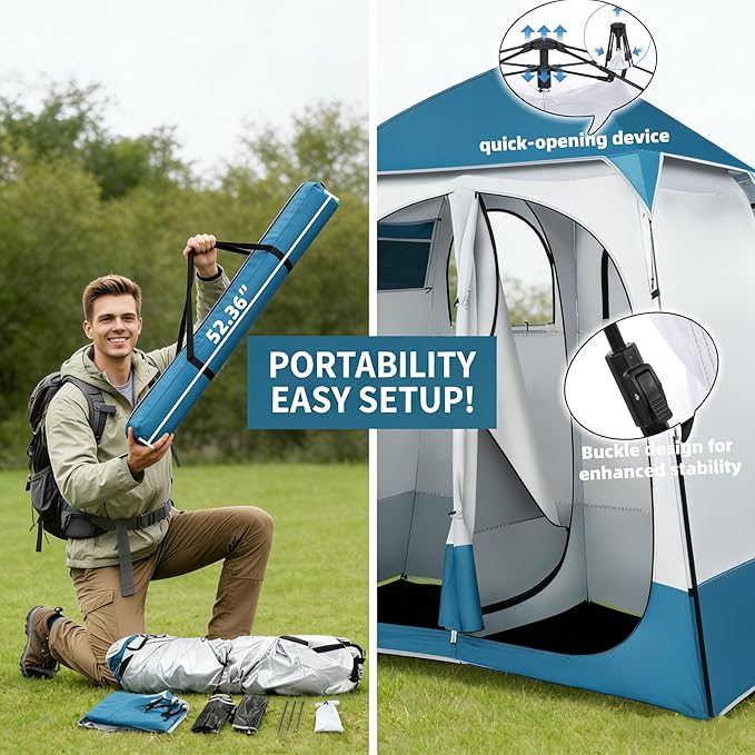 2 Rooms Camping ShowerTent - Portable Privacy &amp Changing Room Tent for Camping Hiking Beach | Lightweight Durable 15 * 19 Oxford Cloth Tent with Large Zipper Door 90x90x48 (Blue/White)
