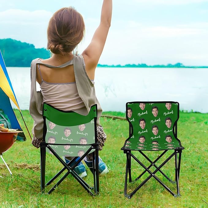 Sinestour Green Custom Photo Folding Camping Chair for Teen Child Personalized Name 14.6×14.6in Portable Outdoor Chair with Carry Bag for Barbeques Picnic Travel