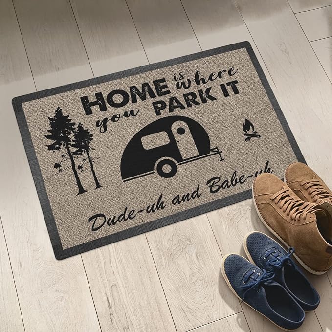 Personalized Campsite Doormat - Home is Where You Park It - Custom Family Name Camping Door Mat RV Accessories for Inside Outside Funny Campsite Rugs Decorations for Travel Trailers 16 x 24 inches