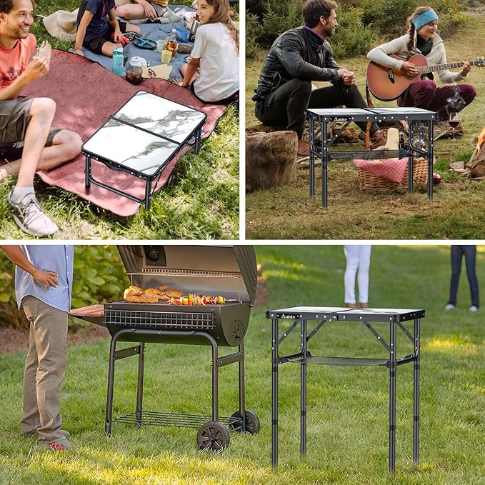 Anbte Folding Camping Table with Storage Net 3 Adjustable Height Max 27.5 Aluminum Small Folding Table Portable Table with Carry Handle Lightweight for Outdoor Indoor Travel Camping Picnic