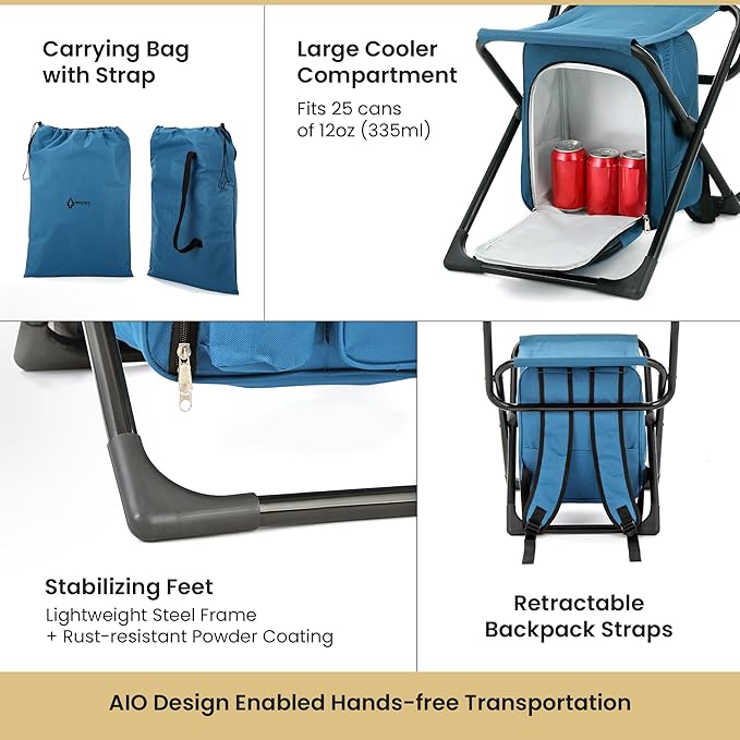 Arrowhead Outdoor Multi-Function 3-in-1 Compact Camp Chair: Backpack Stool &amp Insulated Cooler w/Bottle Holder &amp Storage Bag External Pockets Backrest Fishing Hiking Heavy-Duty USA-Base