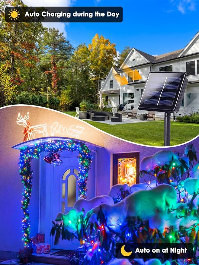 6 Pack 600 LED Solar String Lights for Outside Solar Christmas Lights with 8 Lighting Modes Waterproof Green Wire Solar String Lights Outdoor for Tree Xmas Party Garden Yard Decorations (MultiColor)