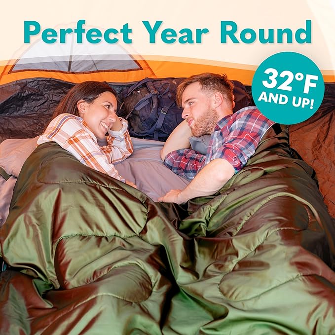 Double Sleeping Bags for Adults Backpacking Camping or Hiking - Waterproof Queen Sleeping Bags for Adults or Teens - Truck Tent Sleeping Pad