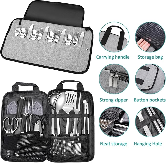 Camping Kitchen Utensil Set Outdoor Cooking Set Accessories Camping Cookware Kit for Travel RVs BBQs Stainless Steel Portable Camping Essentials Cooking Knife Set