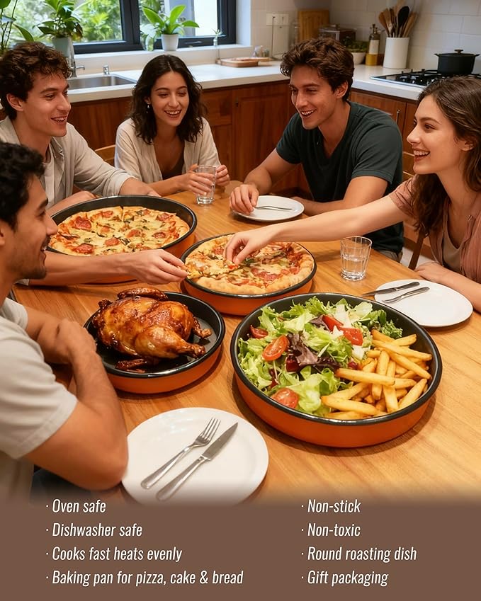 Round Enamel Roasting Pan Set Bakeware 4 Pack Cake Pizza Baking Dish 9/10/12/14 Inch Non-Stick Heat Resistance Chicken Roaster Oven Dishwasher Safe Valentine Mother's Day Gift Cookware