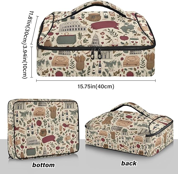 Casserole Carrier Patterns Retro Italian Lifestyle ElementsInsulated Casserole Carrier for Hot or Cold Food Thermal Lunch Tote for Potluck Parties Picnic Fits 9 x 13 Inches Baking Dish