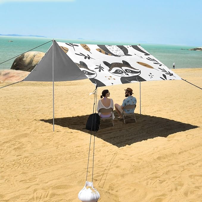 Cute Raccoon in Doodle Style Camping Sun Shelter Beach Tent Portable Beach Sun Shade Outdoor Canopy for Camping Trips Fishing Picnic