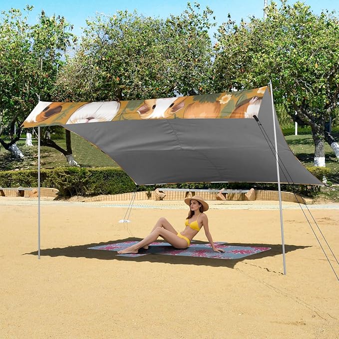 Cute Guinea Pig Beach Tent Sun Shelter 9.2' x 10.5' Beach Canopy with 4 Sandbags 4 Stability Poles Sand Shovels - Tent Canopy for Beach Camping Fishing Picnics