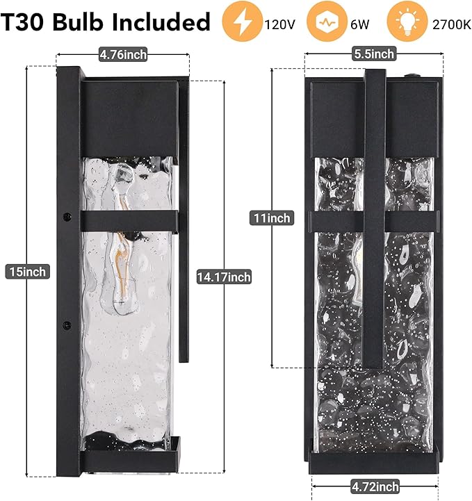 Hammered Glass Outdoor Wall Lantern Dusk to Dawn Wall Sconce Lighting 2 Pack Outdoor Light Fixtures Exterior Porch Light with Waterproof Modern Wall Lamp for Garage Doorway Patio(Bulb Included)