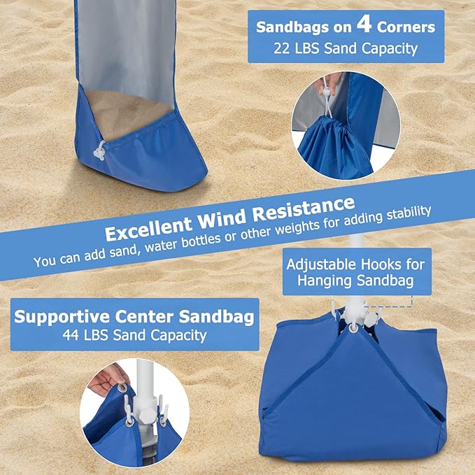 Tangkula 6.6x6.6 Ft Beach Cabana Portable Beach Canopy with Detachable Sidewall 5 Sandbags 2 Cup Holders Sand Anchor UPF 50+ Sun-Protection Outdoor Beach Umbrella Shelter with Carrying Bag
