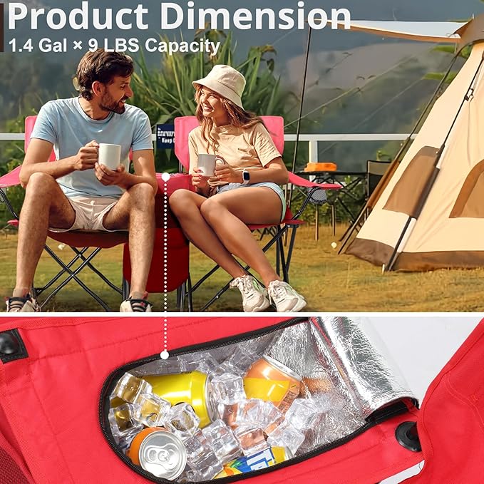 Double Camping Chair for AdultsPortable Outdoor 2-Seat Folding Beach Chair with Removable Sun Umbrella (Cup Holder+Cooler Bag+Mini Table) Support 360 LBS for Camping/Car Trunk/Lawn/Beach/Campfire Red