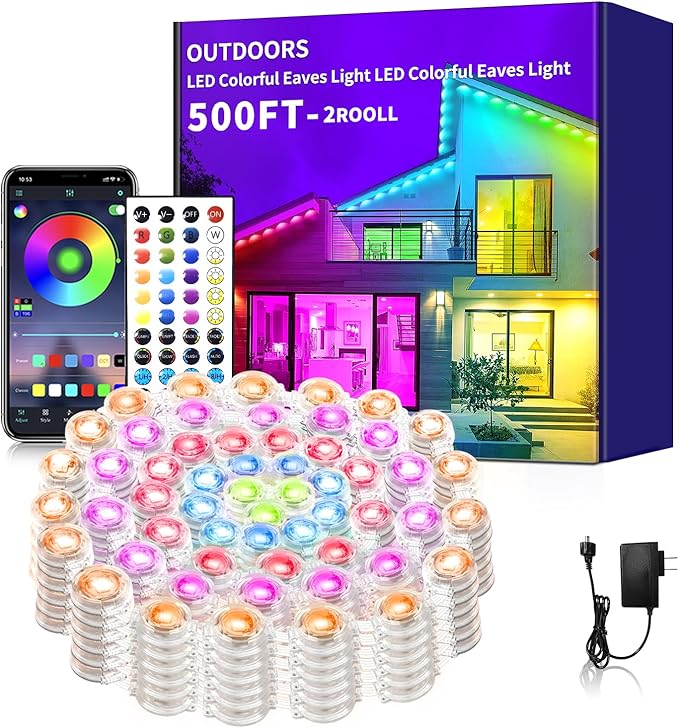 500FT Permanent Outdoor LightsWaterproof Smart LED Eaves LightPermanent Outdoor Light with App/Remote ControlMusic synchronisationfor HouseRoofGardenChristmas Decoration(2 Rolls 250FT)