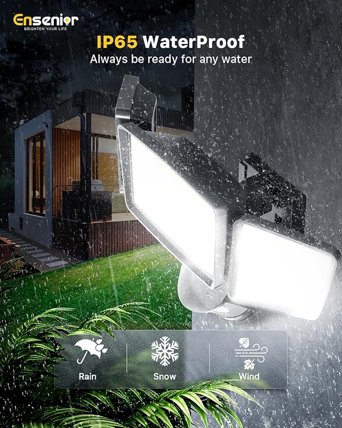 Ensenior 5 Motion Sensor Modes Solar Security Light 1800LM 270° Wide Angle 3 Heads LED Flood Lights IP65 Waterproof Wall Lights Separate Solar Panel Remote Control Solar Lights Outdoor