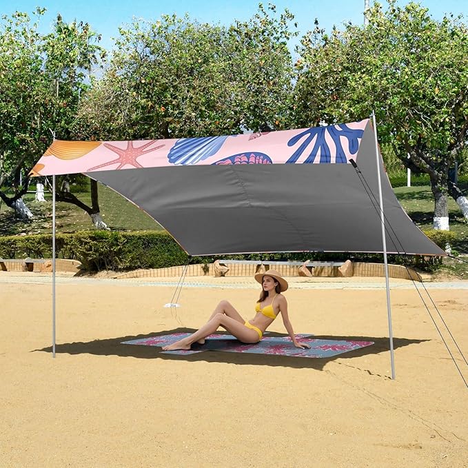 Summer Marine Colorful Seashells Camping Sun Shelter Beach Tent Portable Beach Sun Shade Outdoor Canopy for Camping Trips Fishing Picnic
