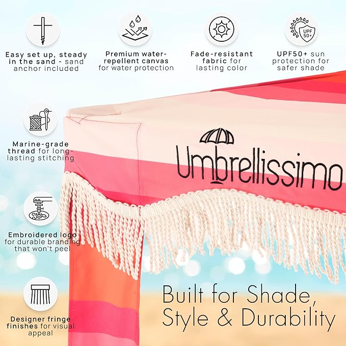 Premium Beach Cabana - Umbrellissimo Pink Ombre. Includes sand anchor canvas with designer prints &amp fringe finishes sand pockets pegs matching carry bag. Easy set up 6.6'x6.6' of cool UPF50+ s