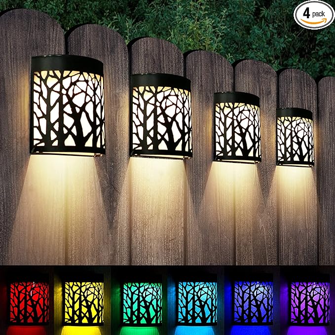 DenicMic Solar Wall Lights Outdoor Wall Sconce Fence Lighting for Patio Front Door Yard Deck Stair Led Forest Decorative Lamps Waterproof Warm White Color Changing (4 Pack)