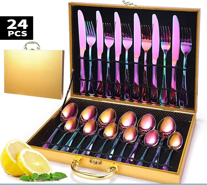 Cutlery Set 24 Piece Elegant Life Stainless Steel Flatware Silverware Service for 6 Knife Fork Spoon Set Ideal for Home/Camping/Party Easy Clean &amp Dishwasher Safe Rose Gold