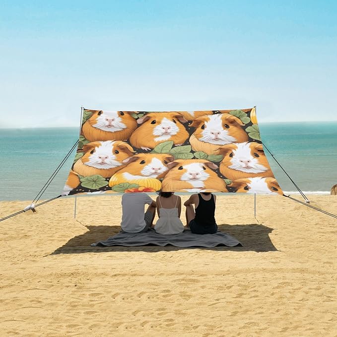 Cute Guinea Pig Beach Tent Sun Shelter 9.2' x 10.5' Beach Canopy with 4 Sandbags 4 Stability Poles Sand Shovels - Tent Canopy for Beach Camping Fishing Picnics