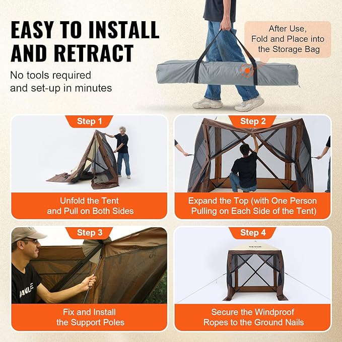 VEVOR Pop Up Gazebo Tent Pop-Up Screen Tent 4 Sided Canopy Sun Shelter with 4 Removable Privacy Wind Cloths &amp Mesh Windows 6x6FT Quick Set Screen Tent with Mosquito Netting Brown