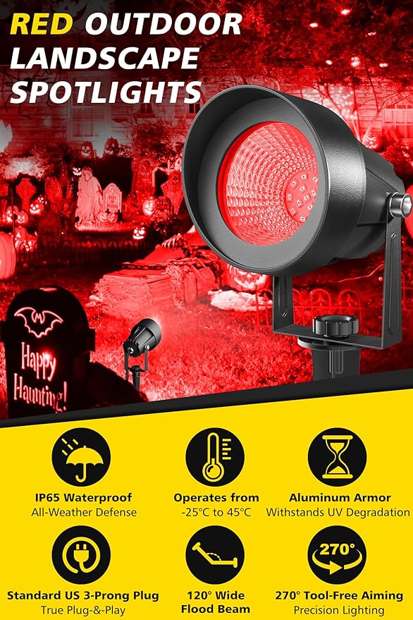 T-SUN Red Spotlight Outdoor Waterproof LED Landscape Lighting with US Plug Easy Install 270° Adjustable Outdoor Spot Lights for Garden Tree Yard Decor