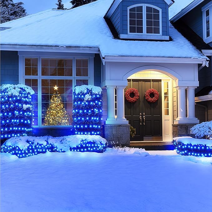 BlcTec Outdoor Christmas Lights 360 LED 9.8ft x 6.6ft Christmas Net Lights with 8 Modes UL Certified Timer Connectable Waterproof for Trees Bushes Shrubs Yard Outdoor Xmas Decorations Blue