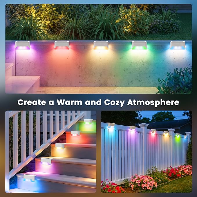 SOLPEX Solar Fence Lights Outdoor Solar Deck Lights Waterproof LED Step Light for Outside Stair Garden Patio Yard Railing Front Porch Balcony Decor(16 Pack RGB)
