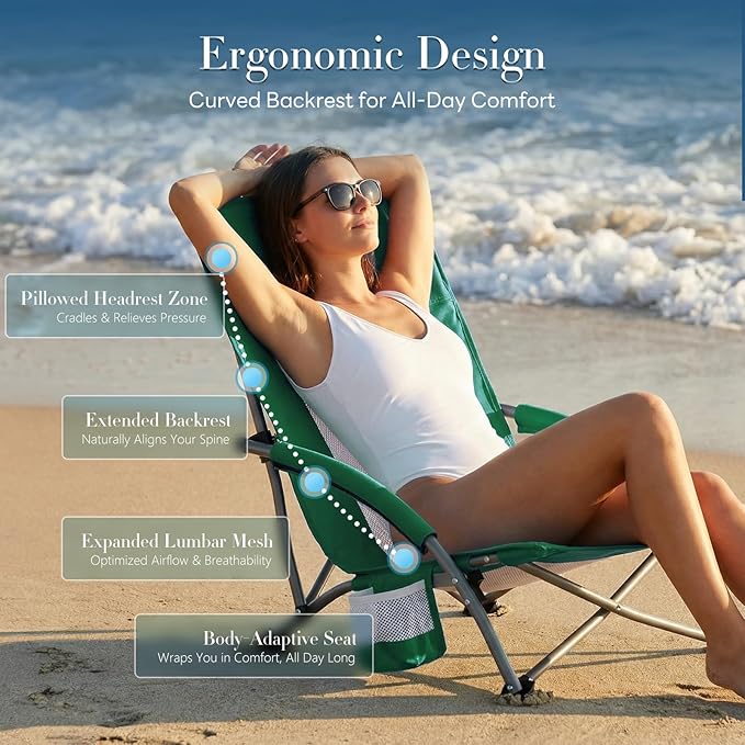 DUMOS Low Beach Chair for Adults Lightweight Folding Beach Chair with Cup Holder Storage Bag Breeze Mesh Back Padded Armrests Compact Low Profile Chair for Camp Picnic Lawn Sand