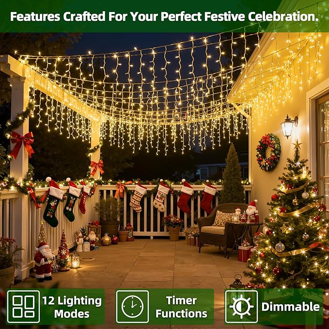 504 LED Christmas Lights with 112Drops 50ft 12 Modes Warm White Fairy String Lights with Timer Dimmable Waterproof Twinkle Lights for Indoor Outdoor Holiday Wedding Party Eaves Yard Christmas Decor