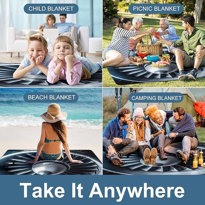 Jet Engine Beach BlanketPortable Waterproof Picnic Blanket58.3''x 58.3'' Extra Large Picnic Mat for BeachCamping Grass Lawn Park Accessorie for Festival BBQ