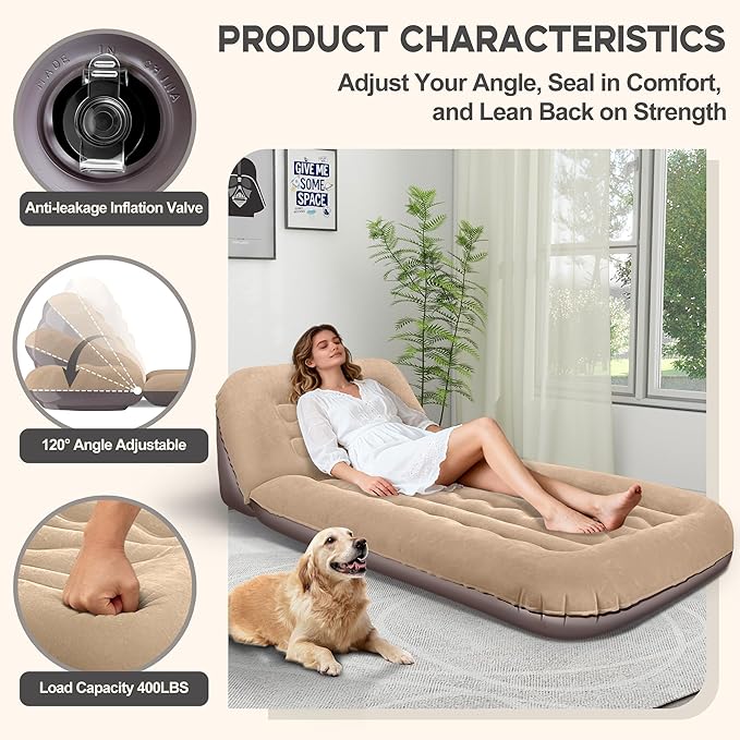 Luxfero Inflatable Couch for Camping Air Mattress with Adjustable Backrest Blow Up Couch for Adults with Flocked Surface Portable Inflatable Lounge Chair Air Sofa Bed for Indoor/Outdoor-No Pump