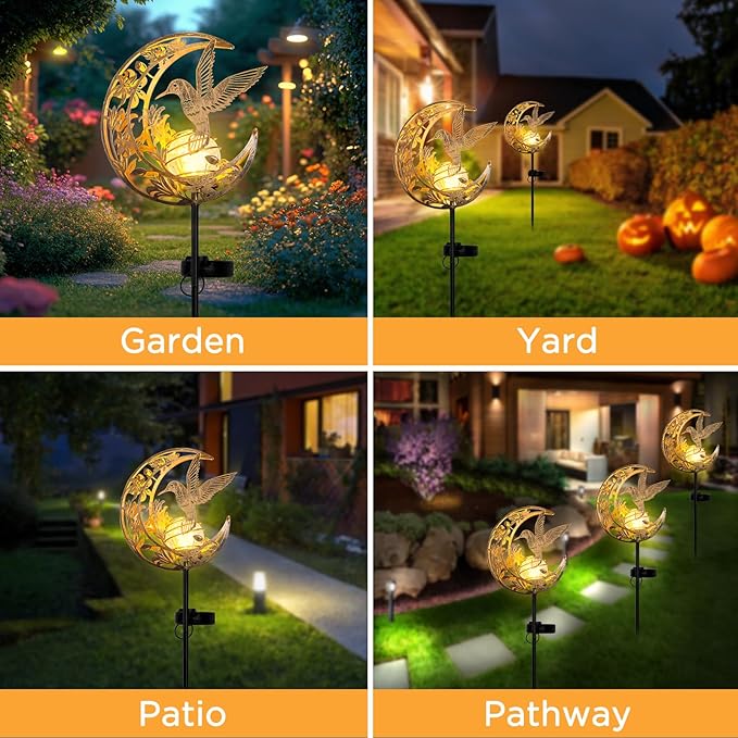 Solar Hummingbird Lights Outdoor Decor - Moon &amp Bird SolaGardenLights Waterproof Auto On/Off Pathway Lighting for Yard/Lawn/Patio Handcrafted Metal Solar-Stake-Lights for Outside Decorations