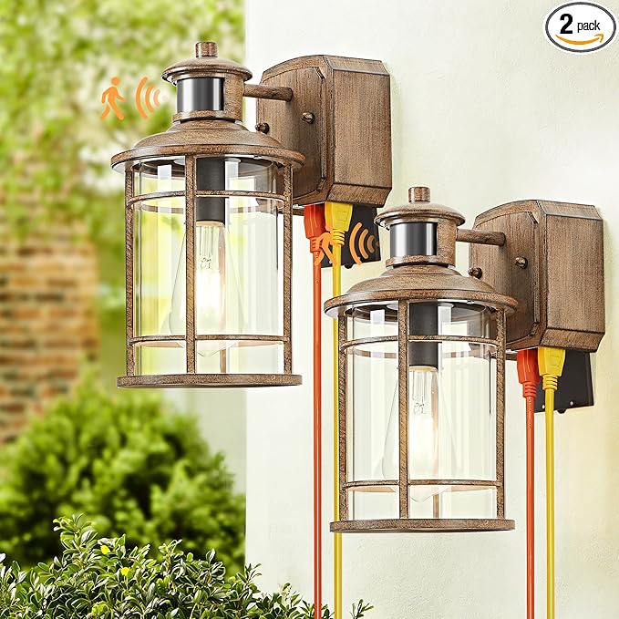 OKELI Upgraded Porch Lights with GFCI Outlet-Motion Sensor &amp Dusk to Dawn Outdoor Light Fixture3 Lighting Modes Waterproof Anti-Rust Faux Wood Grain Outdoor Lights for House Porch Garage (2 Pack