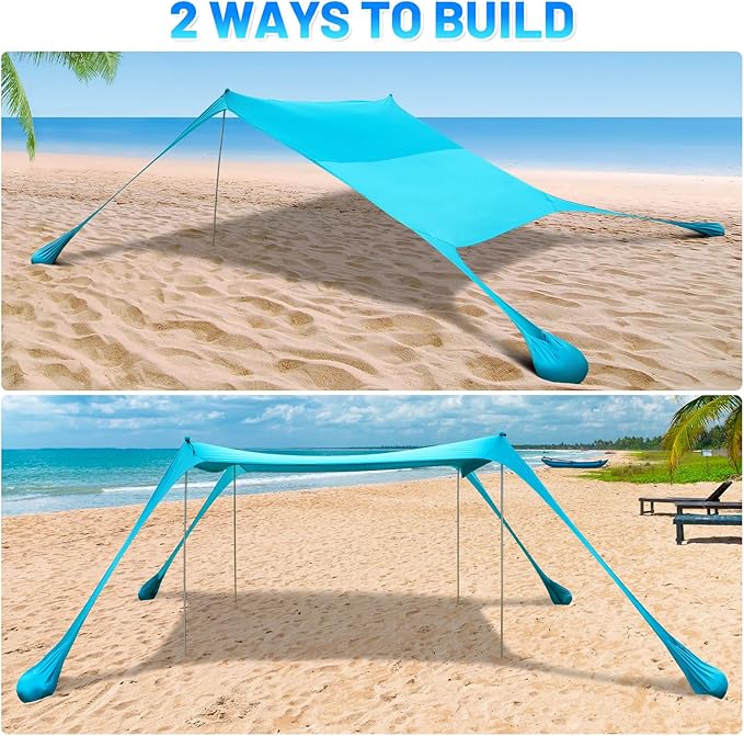BOTINDO Family Beach Tent Canopy Sun Shade Pop Up Grande Beach Tent Sun Shelter Stability 4 Poles with Portable Carry Bag Outdoor Shade for Fishing Backyard Camping (Turquoise 10x10FT 4Pole)