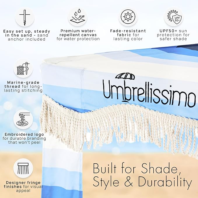 Premium Beach Cabana - Umbrellissimo Signature Blue Ombre. Includes Sand Anchor Designer Canvas Prints &amp Fringe finishes Sand Pockets pegs Carry Bag. Easy Set up 6.6'x6.6' of Cool UPF50+ Shade