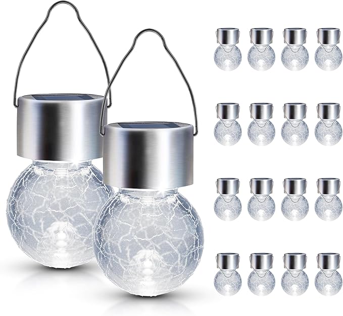 GIGALUMI Solar Lights Outdoor Waterproof 16 Pack Solar Hanging Lights Garden Decor Gifts for Women Solar Outdoor Lantern Waterproof Cracked Glass for Yard Fence Tree(Cold White)