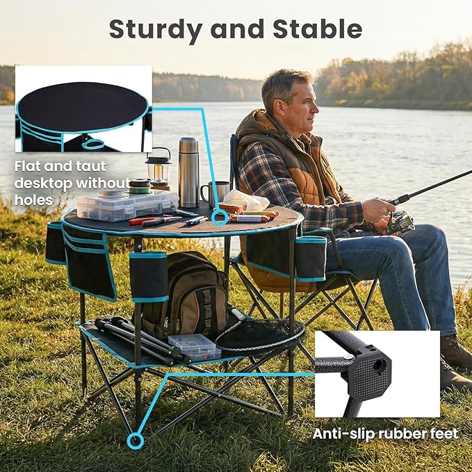FUNDANGO All in One Tailgate Table Portable Beach Table with Cup Holders Camping Table Foldable with Side Pockets Carry Bag for Camp Outdoor Sand Beach Picnic Fishing Tailgating Essentials