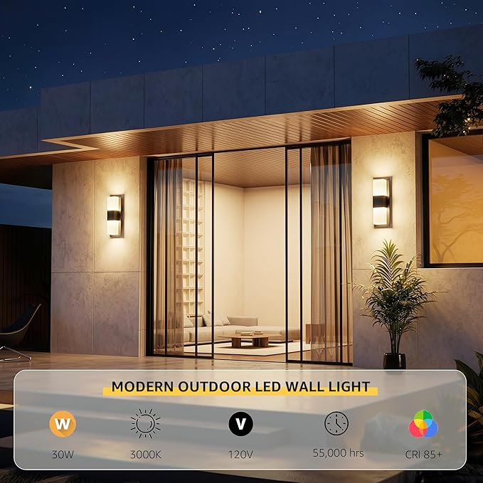 12.4 inches Outdoor Led Wall Light 30W 3000K Hardwired Porch &amp Patio Aluminum Sconces with Frosted Acrylic LampshadeIP65 Waterproof Exterior Wall Lamp for GarageFront Door(Black2Pack)