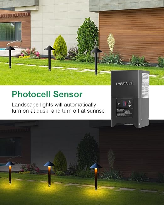 300W Low Voltage Landscape Transformer Outdoor Landscape Lighting Transformer with Photocell Sensor &amp Timer 120V AC to 12V/15V AC Stainless Steel Waterproof Transformer Black ETL Listed
