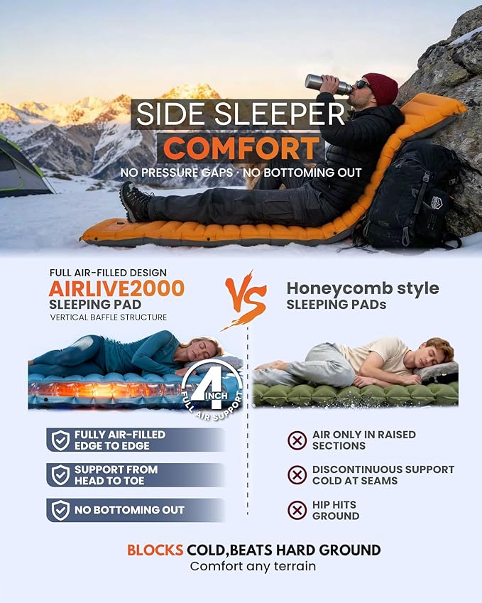 ZOOOBELIVES Inflatable Camping Sleeping Pad 4-Inch Thick Full Air Support No Bottoming Out for Side Sleepers Camping &amp Backpacking Mattress with Built-in Foot Pump Durable &amp Compact – Airl