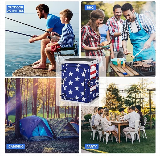 EAGLE PEAK Outdoor Folding Camping Table with Large 3-Tier Storage Organizer and Side Pockets Easy Set Up Portable Aluminum Camping Kitchen American Flag