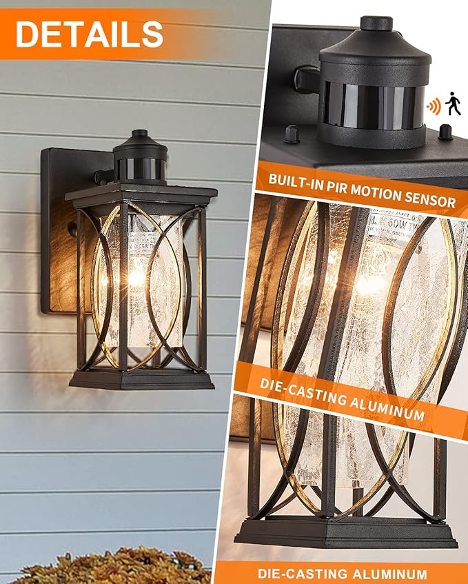 Motion Sensor Outdoor Wall Light with Dimmable Bulb Modern Dusk to Dawn Exterior Light Fixture Wall Mount Porch Light Black with Crack-Like Glass Coach Lantern for House Garage