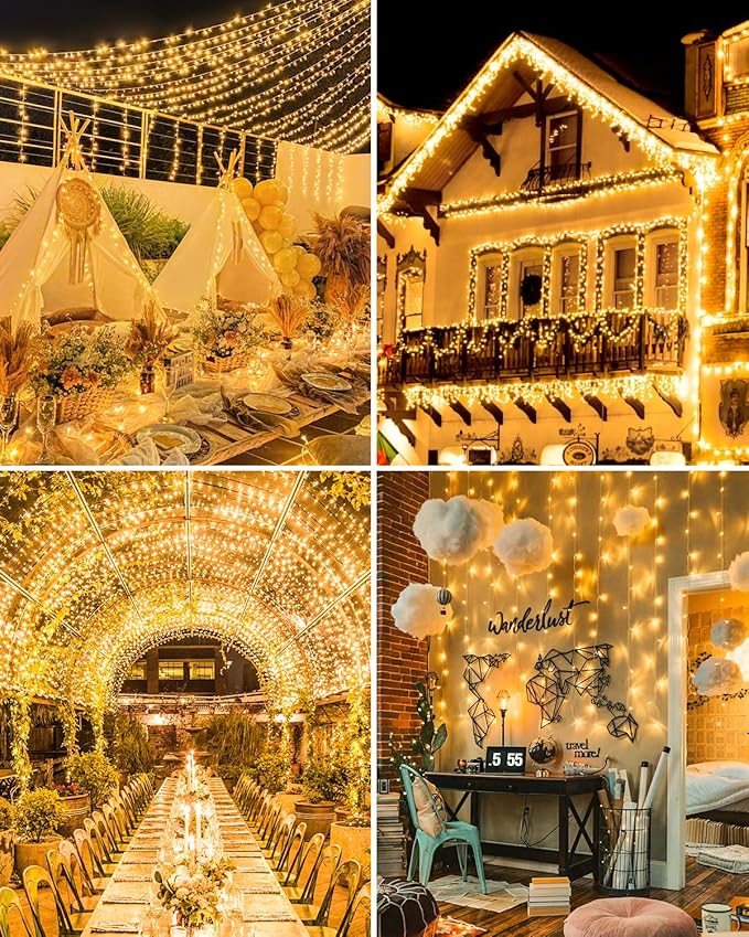 552FT 1400LED Warm White Christmas Lights Outdoor Extra Long Outdoor String Lights Waterproof Timer &amp Memory 8 Modes Dimmable Plug in Fairy for Outside Tree Wedding Patry