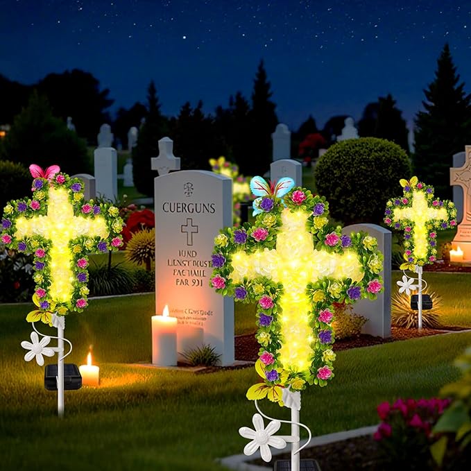 2 Pack Solar Flower Cross for Cemetery Grave Grave Decorations for Cemetery Solar Crosses Sympathy Memorial Gifts for Garden Lawn Yard Patio Decor