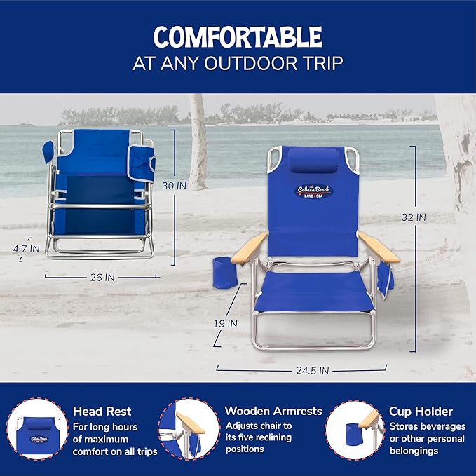 Cabana Beach Folding Beach Chair 5 Position Lightweight Portable Reclining Outdoor Camping Accessories with Headrest Shoulder Strap and Cup Holder Blue