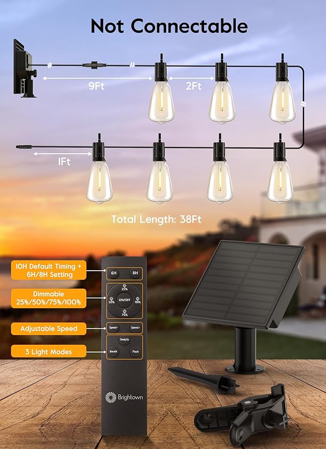 Brightown Solar String Lights Outdoor - 38FT Patio With Remote 16 Shatterproof LED Bulbs 3 Light Modes Waterproof Hanging Solar for Outside Backyard Party Decor