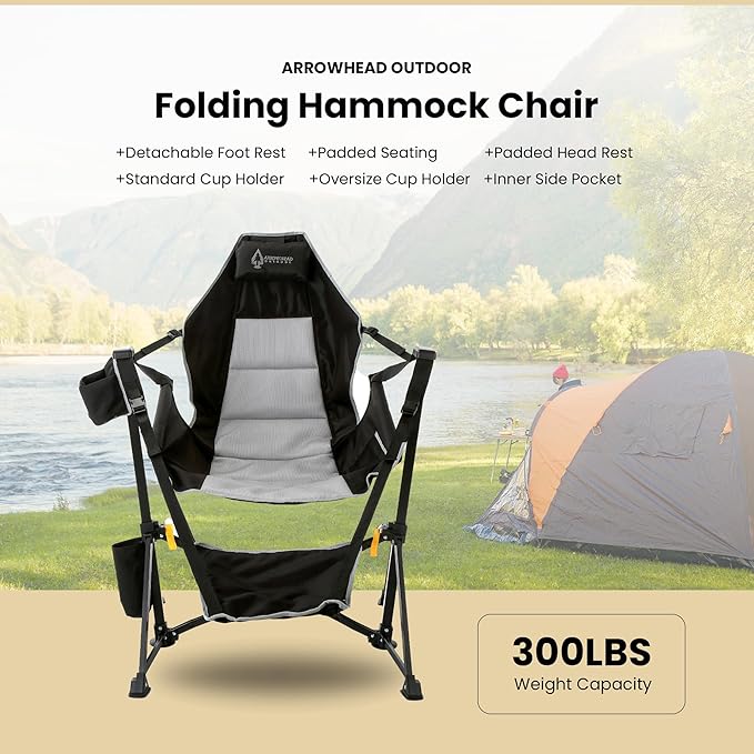 2-Pack Arrowhead Outdoor Folding Hammock Camp Chair with Detachable Footrest Stabilized Feet Padded Headrest and Seat Large Cup Holders 300 LBS Weight Capacity for Camping Beach Tailgating