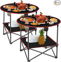 Soaoo 2 Pcs Folding Camping Table with 4 Mesh Cupholders 2 Tier Portable Folding Table Round Lightweight Fabric Compact Carrying Case Beach Table for Summer Outdoor Tailgating Fishing Hiking