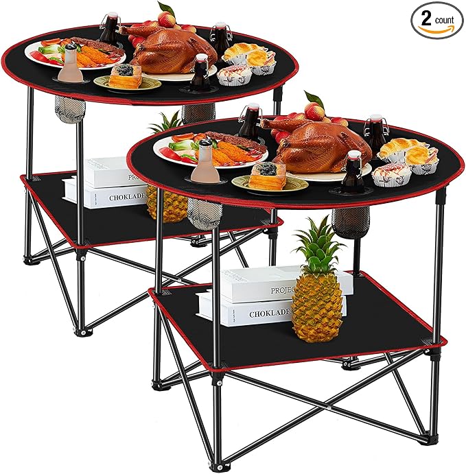 Soaoo 2 Pcs Folding Camping Table with 4 Mesh Cupholders 2 Tier Portable Folding Table Round Lightweight Fabric Compact Carrying Case Beach Table for Summer Outdoor Tailgating Fishing Hiking